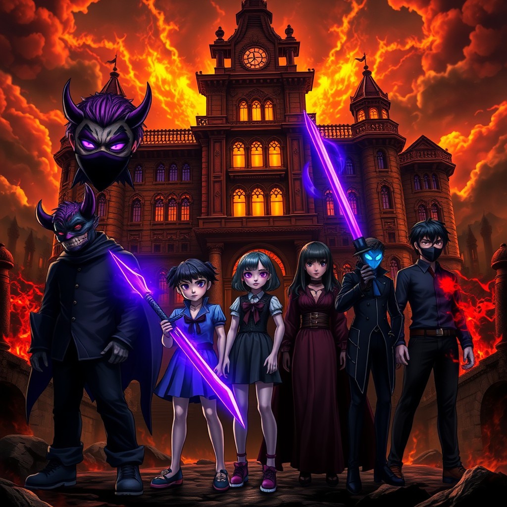 In a dark and fiery hellscape atmosphere, towering over the landscape is an imposing and ornate university building brimming with sinister energy