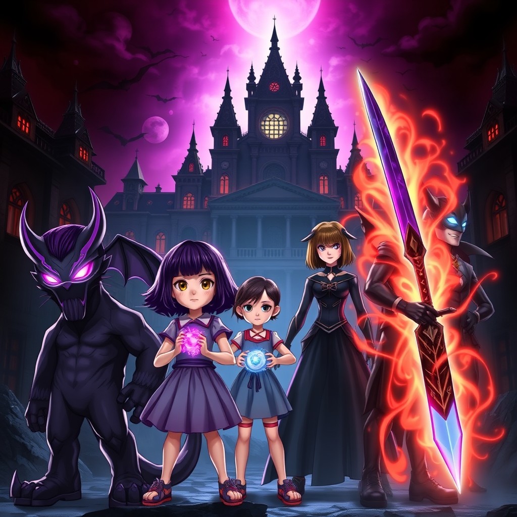 In a fantastical hellscape backdrop featuring a massive, dark university bathed in eerie, glowing light, six powerful characters stand prominently in the foreground
