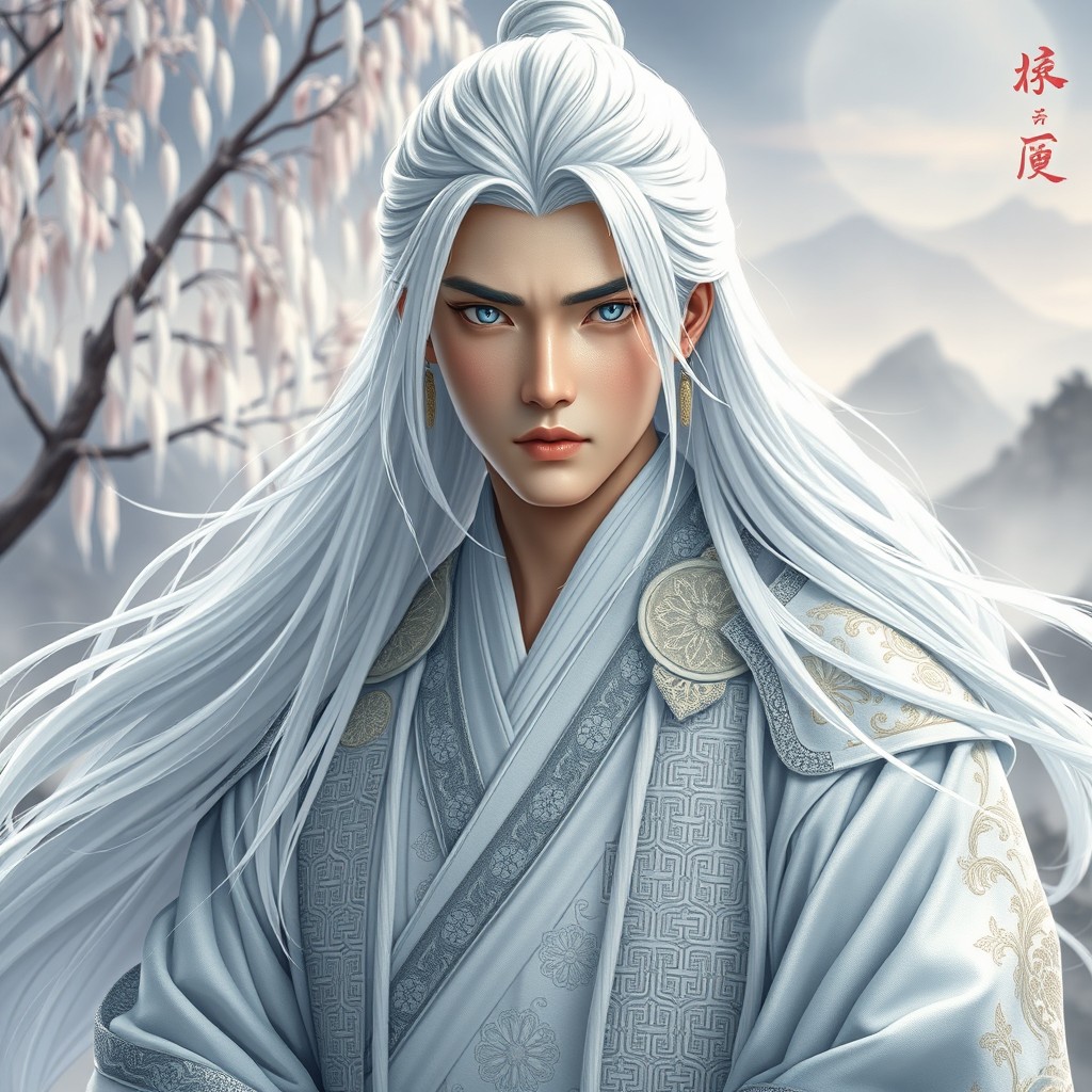 A young Chinese man inspired by wuxia historical and fantasy dramas, dressed entirely in white including flowing long white hair, white eyebrows, and extremely fair skin