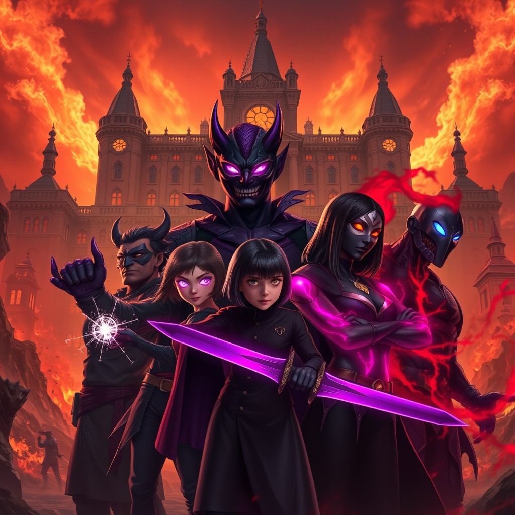 In a dramatic and fiery hellish landscape, dominated by a massive and ornate university that looms ominously in the background, six powerful figures stand in the foreground