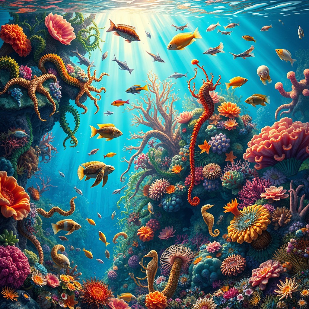 An intricate and ornate depiction of a vibrant underwater sea world, featuring a variety of colorful coral reefs, exotic fish swimming, and detailed sea creatures like turtles, seahorses, and jellyfish