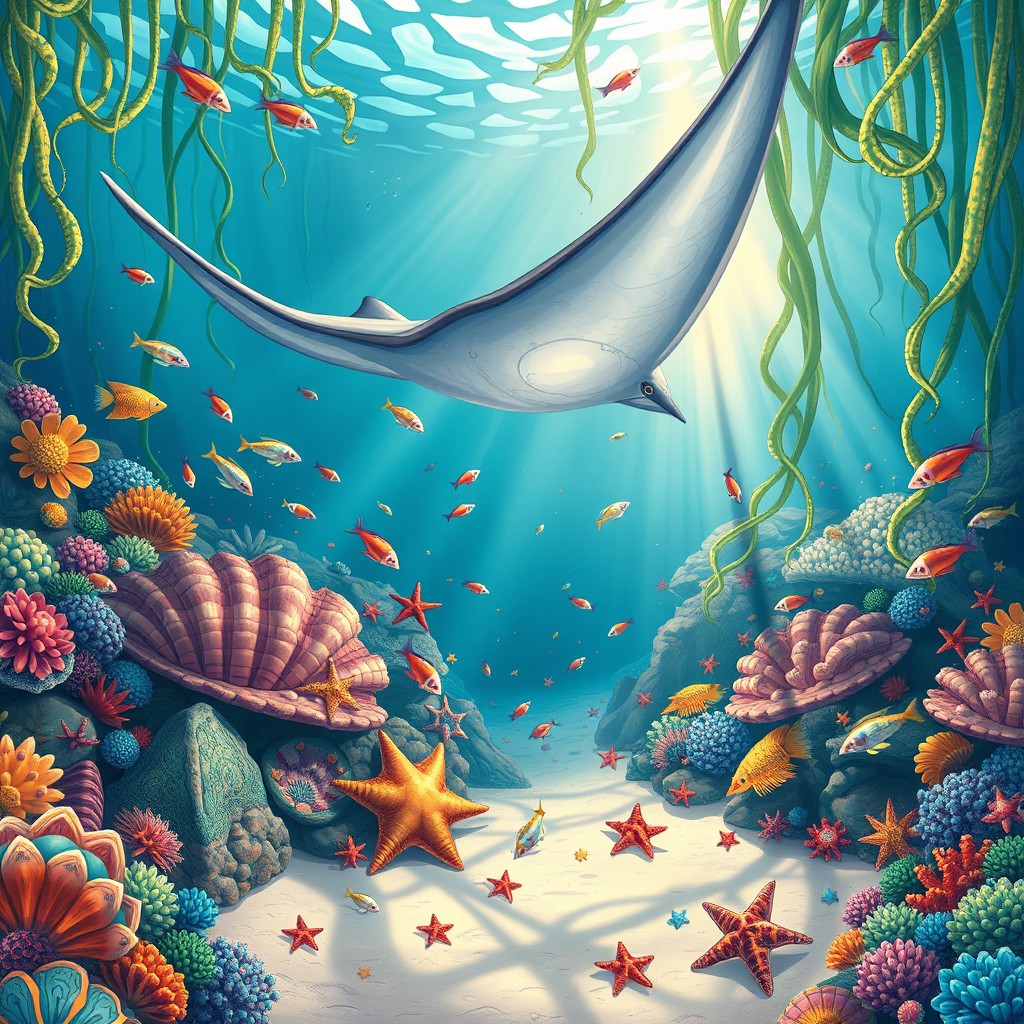 An ornate underwater scene featuring a vibrant sea world filled with colorful coral reefs, exotic fish, and undulating seaweed
