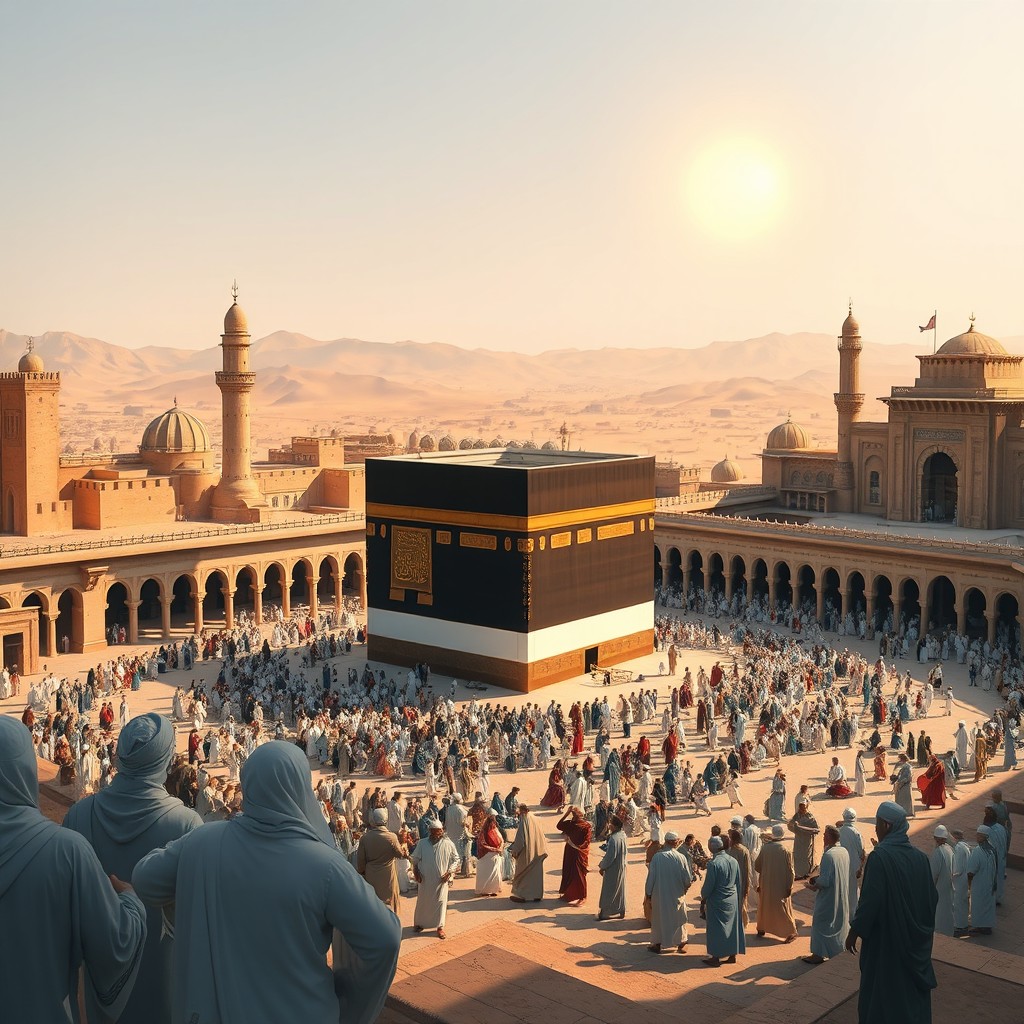 A detailed historical depiction of the Kaaba during the time of the Prophet Muhammad