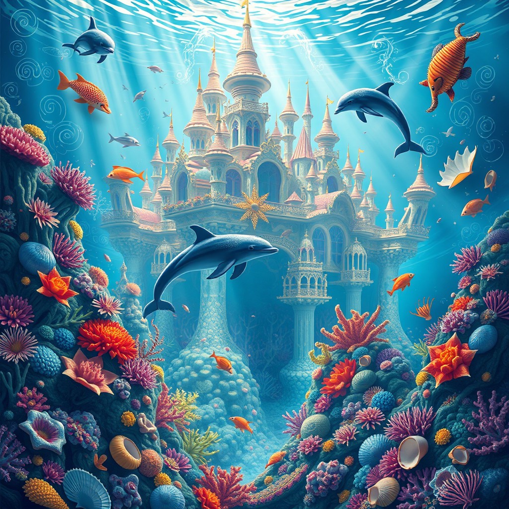 An ornate and intricate depiction of Sea World, featuring vibrant underwater scenes with diverse marine life, colorful coral reefs, and majestic dolphins swimming gracefully