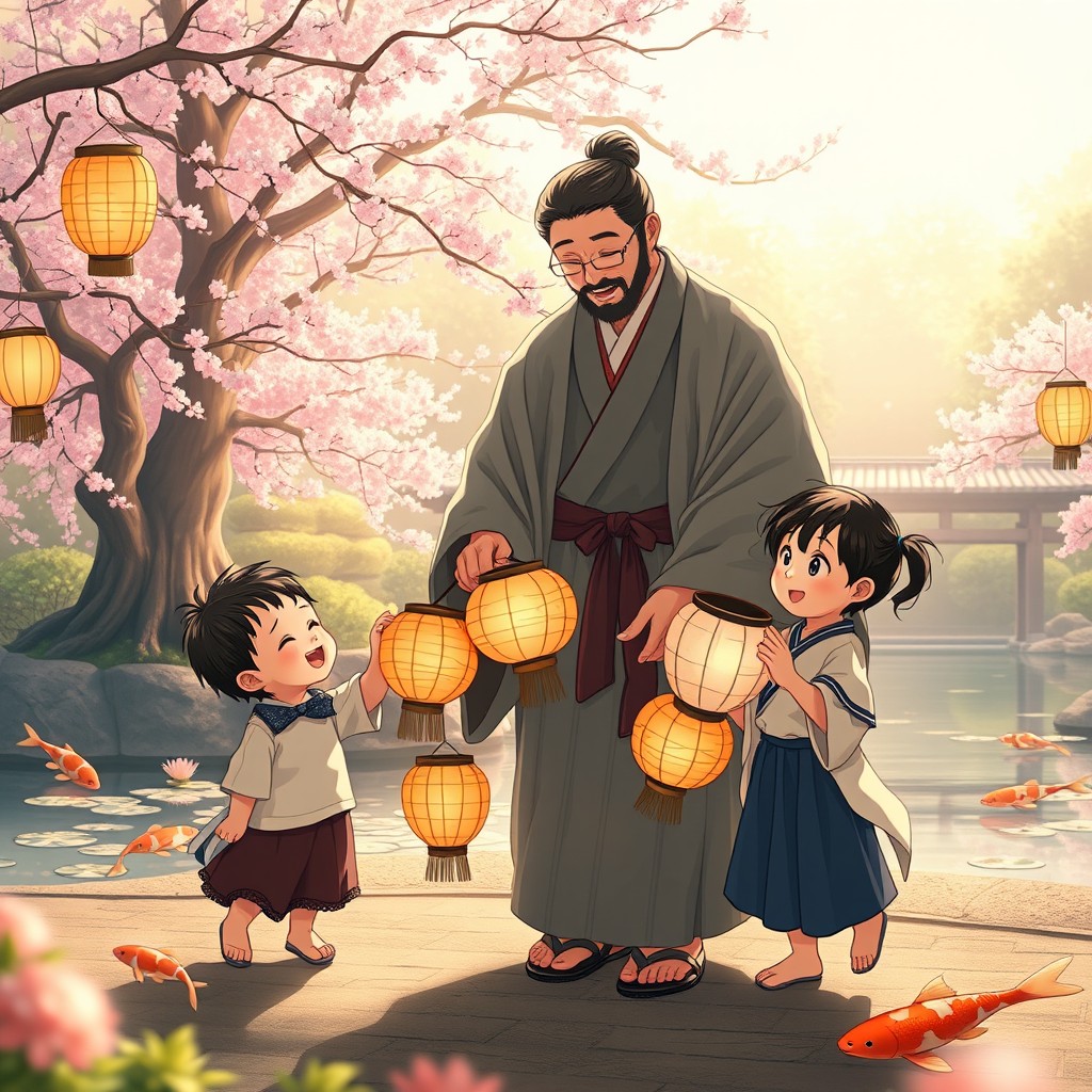 A serene and artistic portrayal of a traditional Japanese family setting, featuring a father figure who resembles Munehisa Honma, surrounded by two children