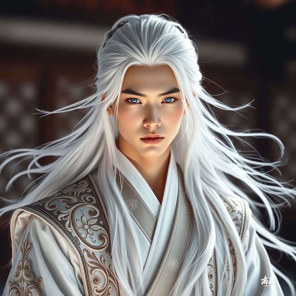 A young Chinese man inspired by wuxia historical and fantasy dramas, dressed entirely in white, featuring long flowing white hair, white eyebrows, and exceptionally fair skin