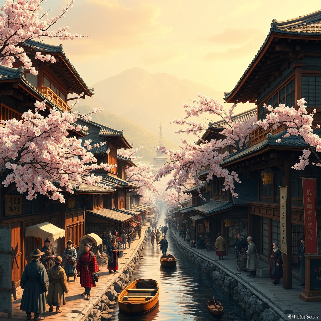 An intricate and historically accurate scene depicting life during the Edo period in Japan, under the command of the Tokugawa shogunate during the sakoku (national isolation) era