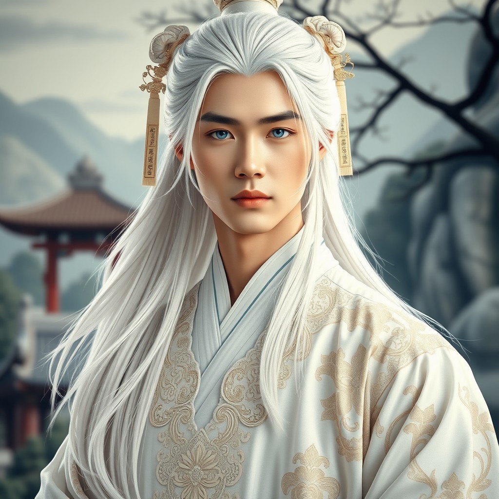 A full-body portrait of a young Chinese man inspired by wuxia historical and fantasy dramas, dressed entirely in white, featuring long, flowing white hair, white eyebrows, and exceptionally fair skin