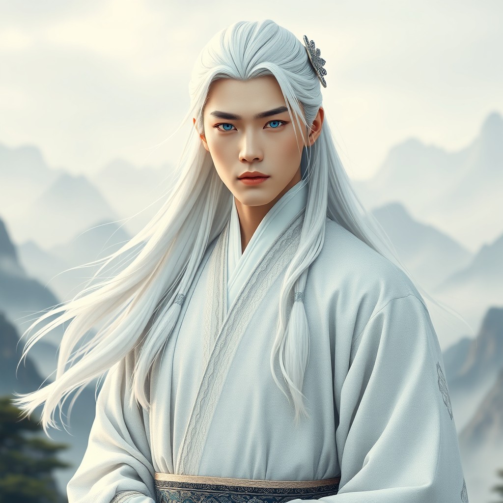 A full-body portrait of a young Chinese man inspired by wuxia historical and fantasy dramas, dressed entirely in white