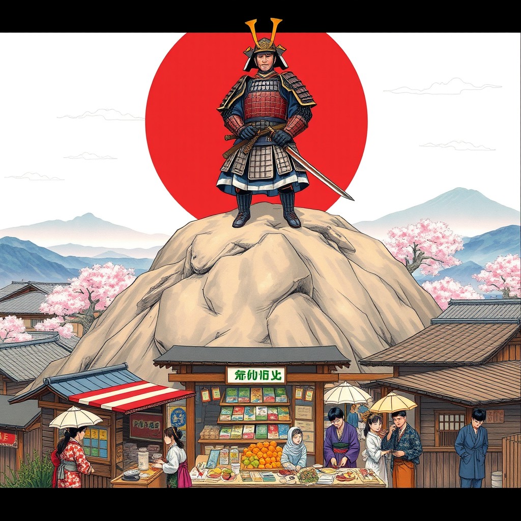 A dynamic and detailed illustration depicting the social hierarchy of Edo-period Japan, showcasing a samurai in full armor atop a hill, symbolizing their status at the top of society
