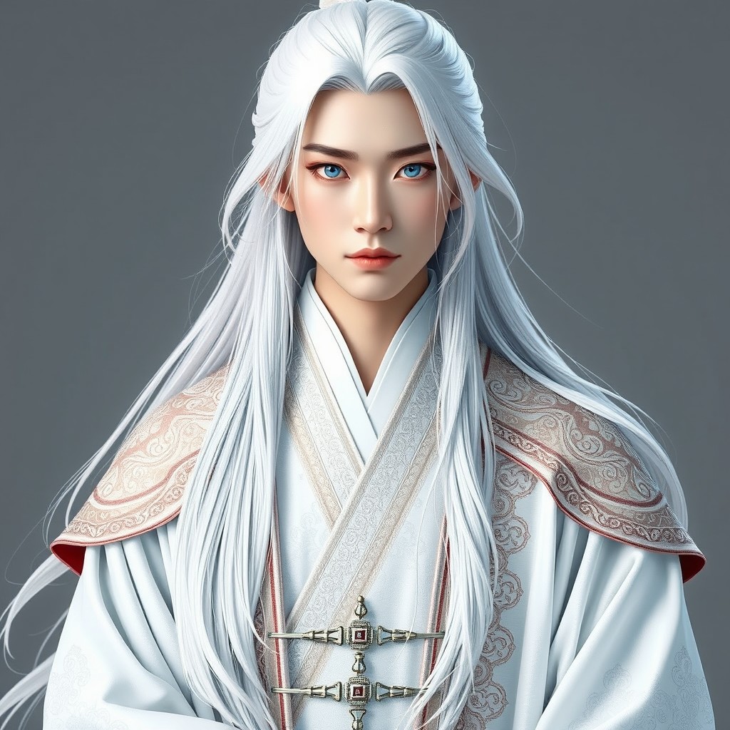 A full-body portrait of a young Chinese man reminiscent of wuxia historical and fantasy dramas, dressed entirely in white