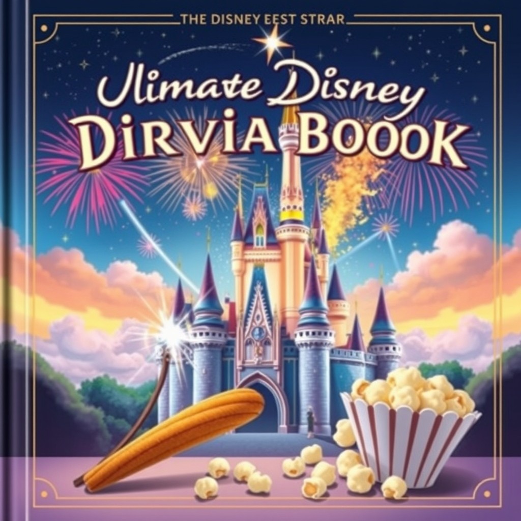An imaginative and whimsical cover design for an ultimate Disney trivia book featuring an exploding fairytale castle, with vibrant fireworks bursting from it