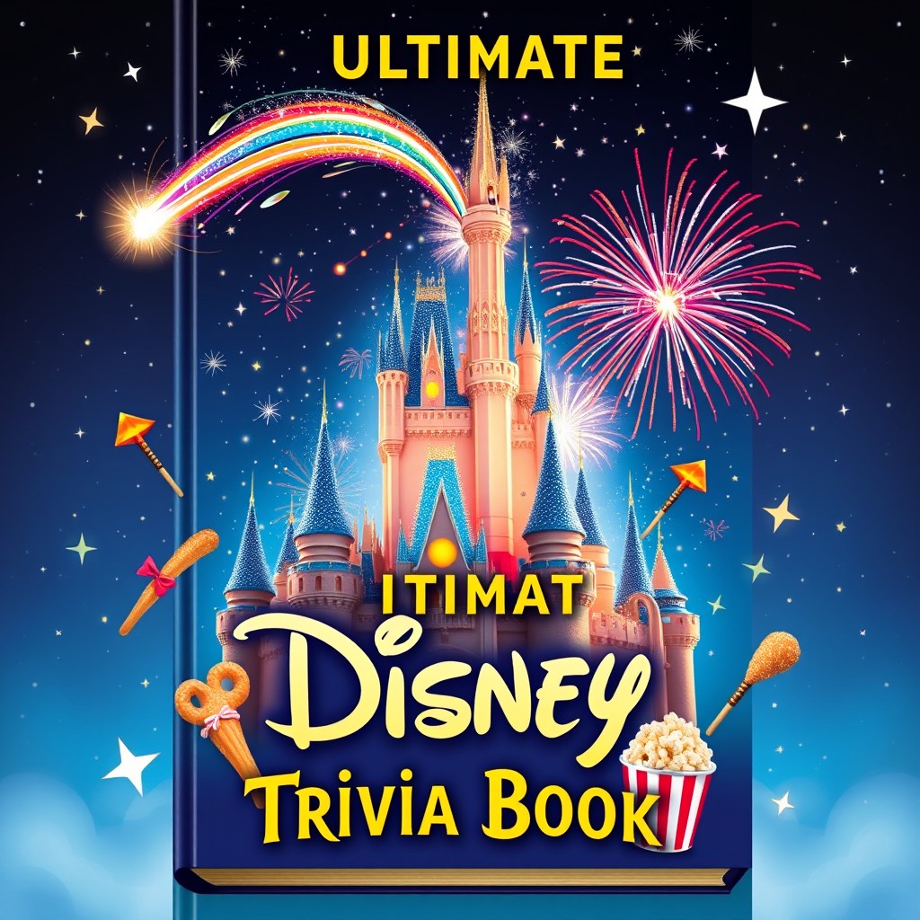 A fantastical cover design for the 'Ultimate Disney Trivia Book', featuring an exploding Disney castle, with colorful fireworks bursting from its spires