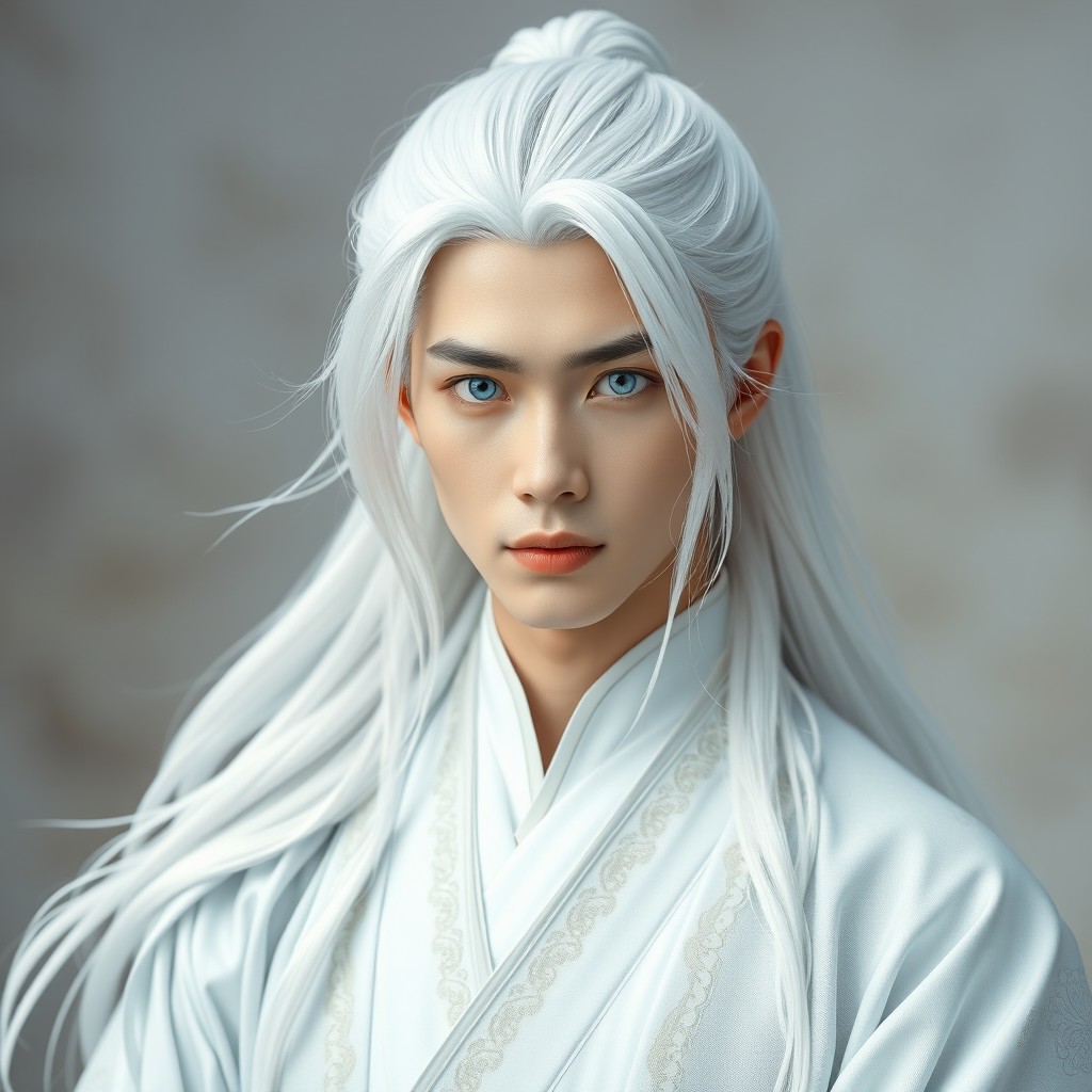 A full-body portrait of a young Chinese man inspired by wuxia historical and fantasy dramas, characterized by albinism, dressed entirely in white