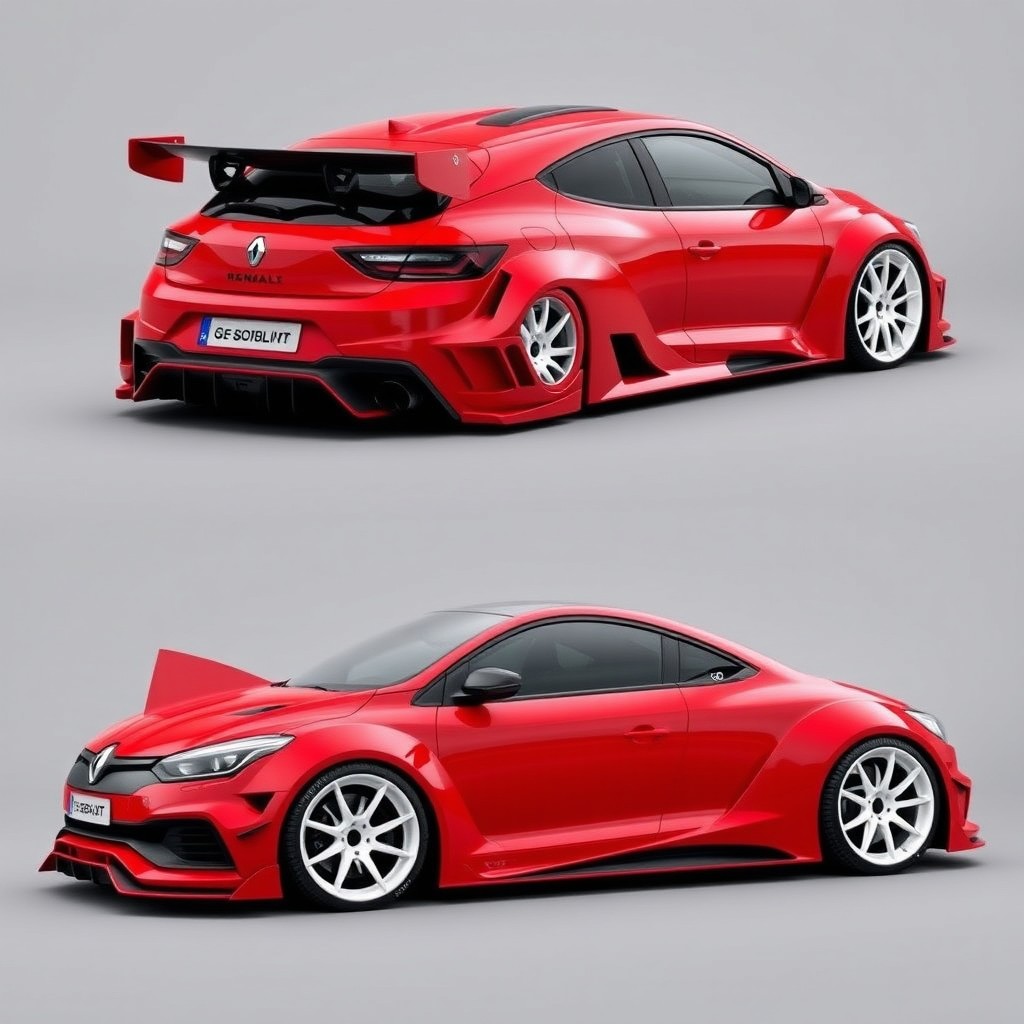 A modified Renault Megane 3, featuring a bright Ferrari red color