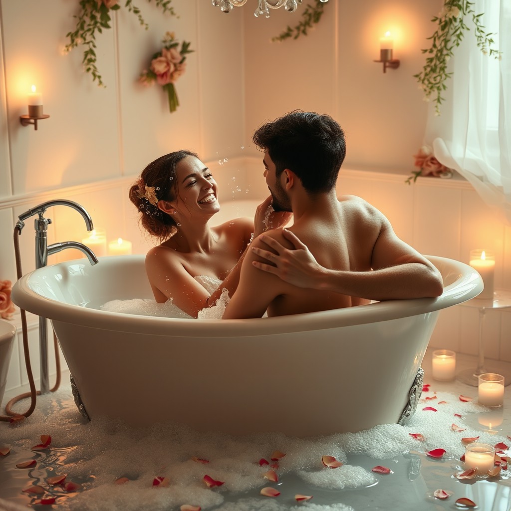 A romantic scene of a wife bathing with her husband in a beautiful, serene setting