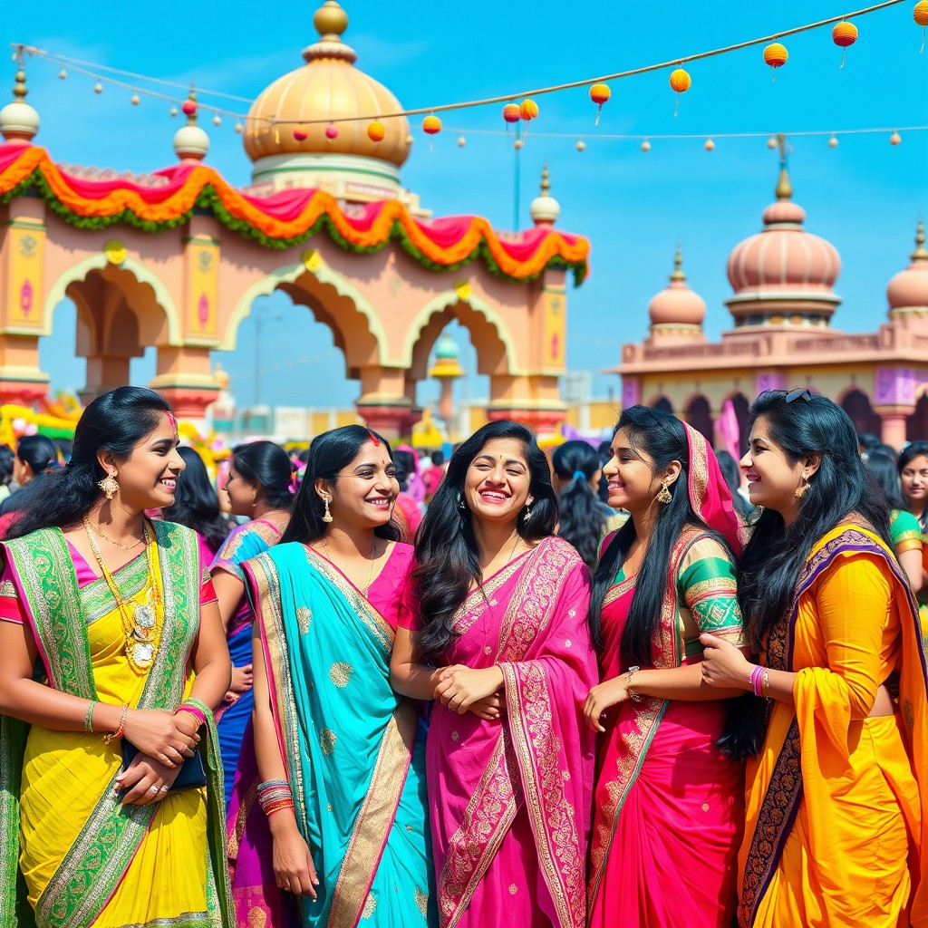 A vibrant, joyful gathering of young Indian women dressed in colorful traditional attire, showcasing intricate designs and beautiful fabrics