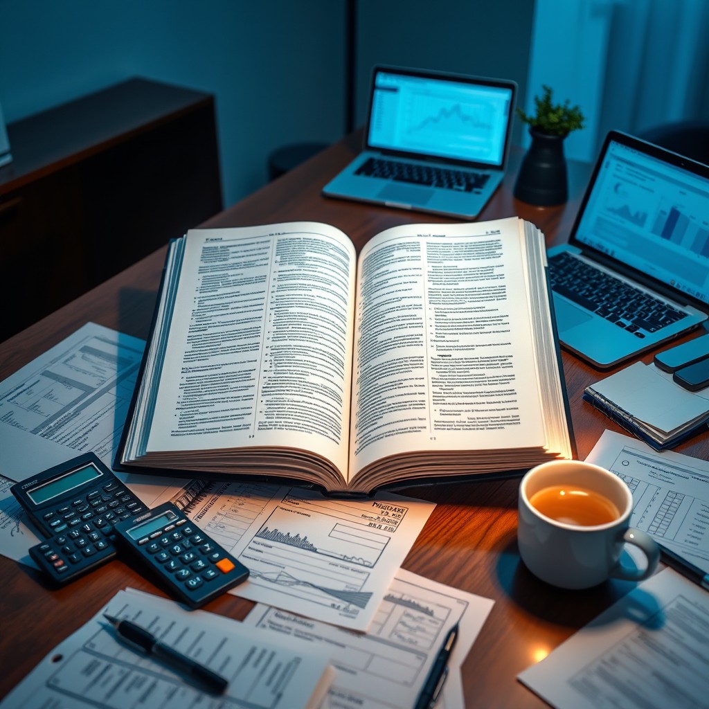 An image symbolizing the complexity of tax codes, featuring a large, open book with intricate text and graphs printed on the pages