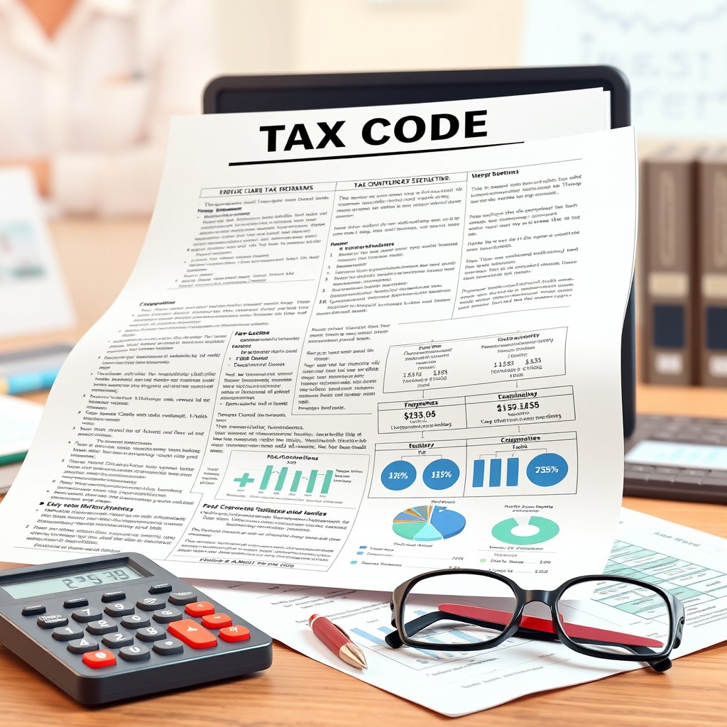 A detailed illustration of a complex tax code document, featuring various sections, clauses, and regulations