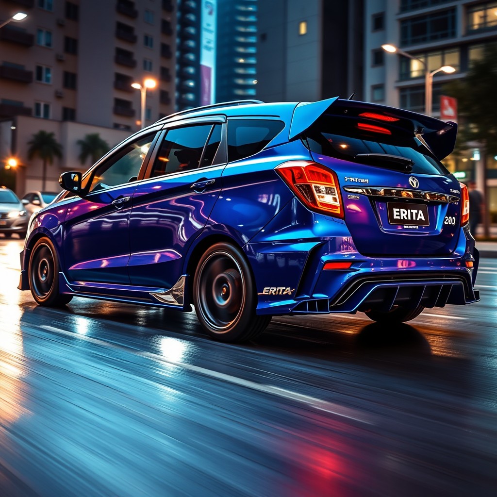 A modified Ertiga car featuring an aggressive aerodynamic body kit with prominent winglets, enhanced sporty elements, a sleek and stylish design
