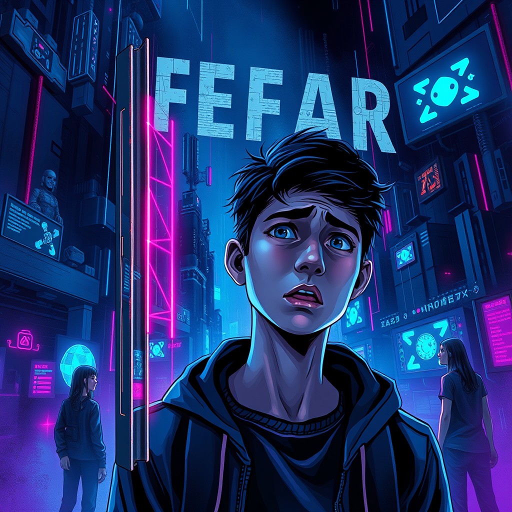 A book cover featuring a person experiencing fear in a dark, ominous cybernetic world