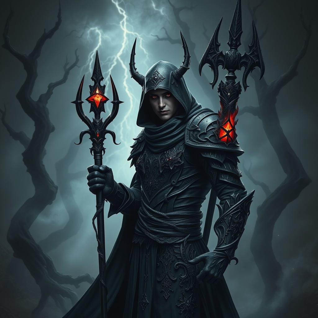 A dark fantasy warlock clad in intricate black shadow-like armor, showcasing a blend of mysticism and menace