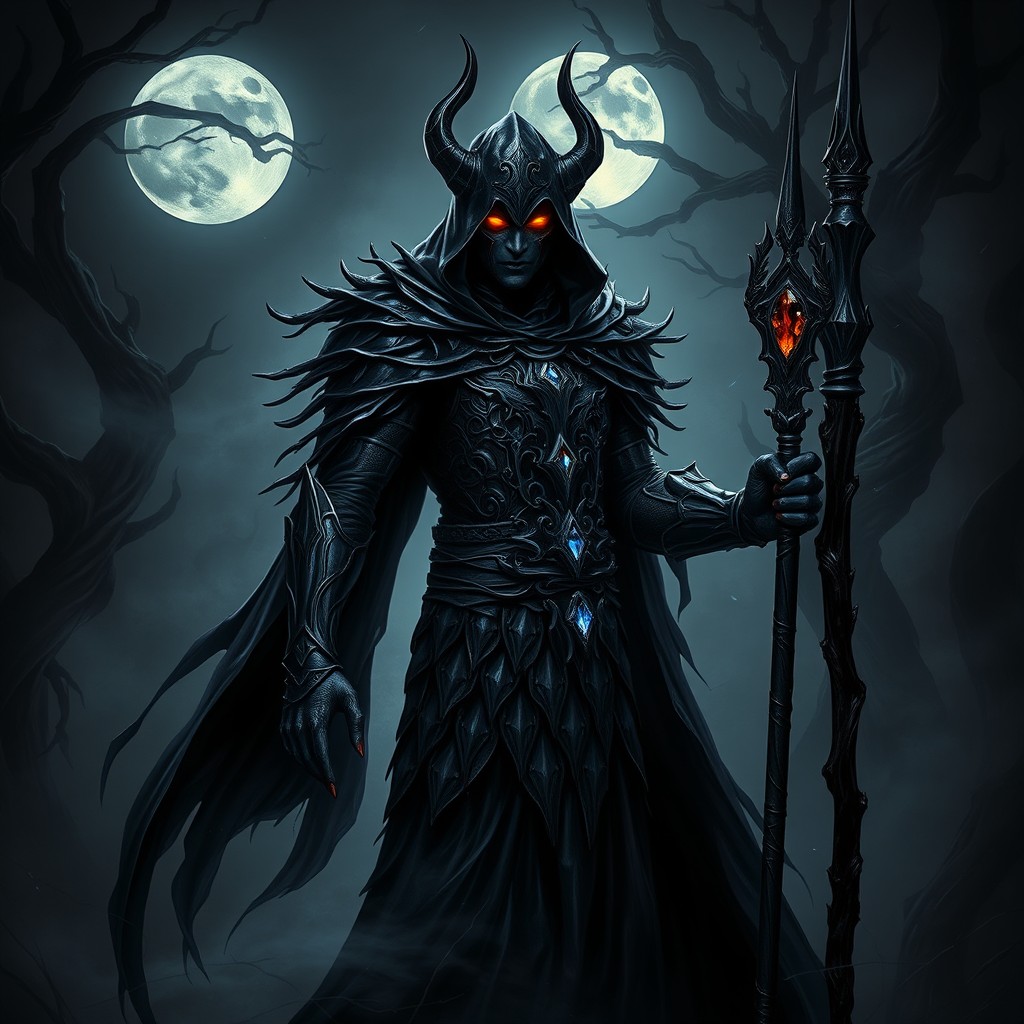 A dark fantasy warlock, clad in intricate black shadow-like armor that seems to ripple and shift, casting an ominous presence
