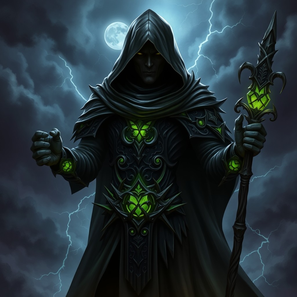 A dark fantasy warlock clad in ominous, shadow-like armor that seems to meld with the surrounding darkness