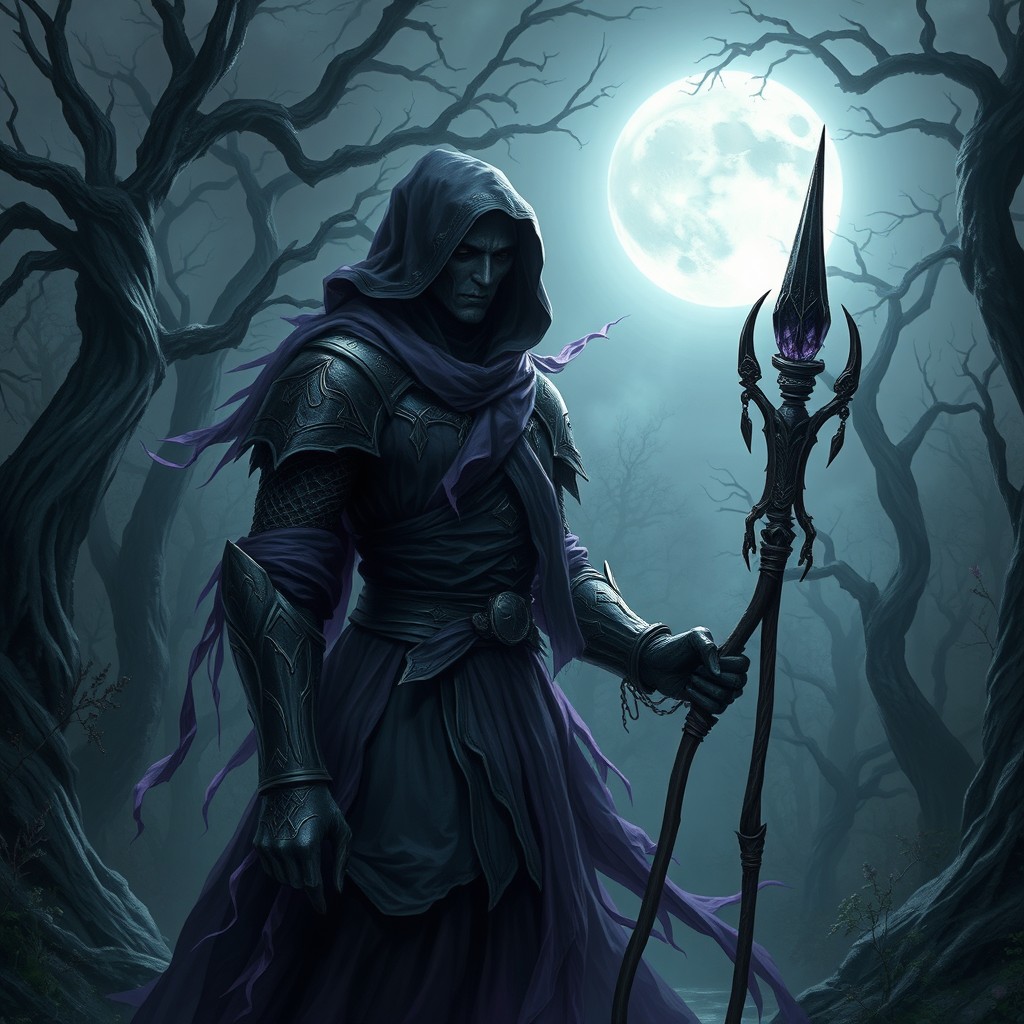A dark fantasy warlock dressed in armor crafted completely from shadows, appearing ethereal and ever-shifting