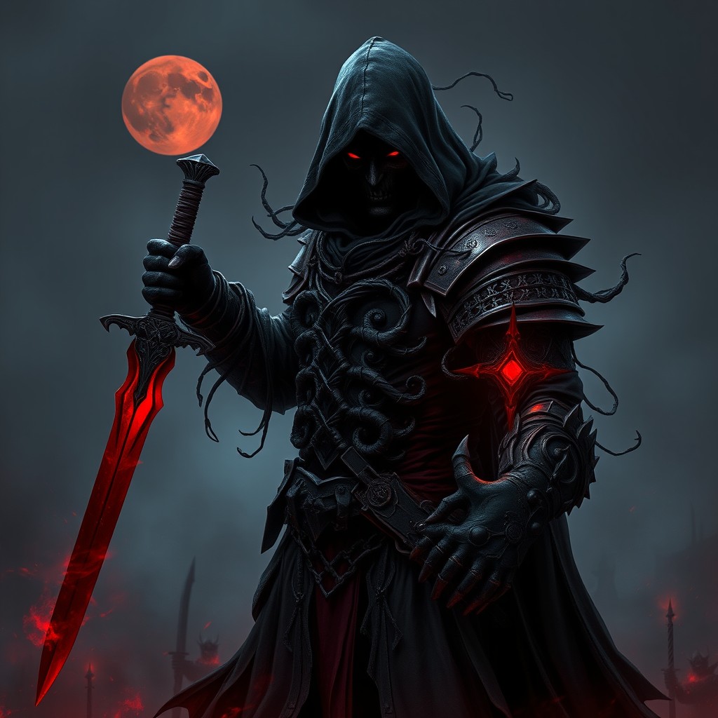 A dark fantasy warlock wearing armor made entirely of shifting shadows and accents of dark crimson blood, creating an eerie and intimidating appearance
