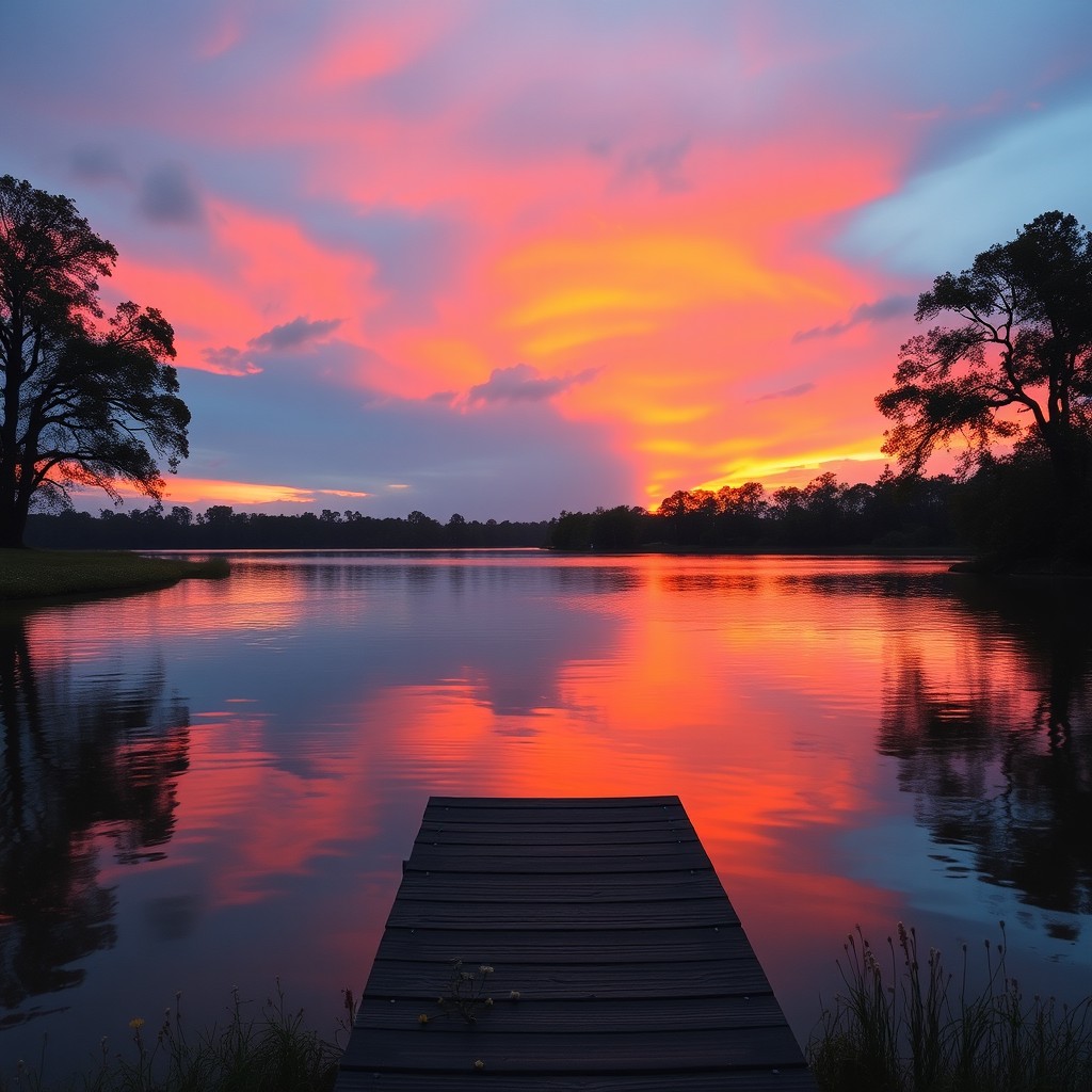 A beautiful sunset landscape over a serene lake, with vibrant shades of orange, pink, and purple in the sky reflecting on the water