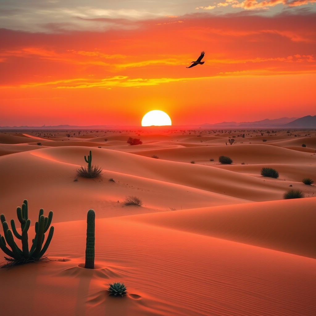 A beautiful sunrise over a serene desert landscape, showcasing vibrant orange and pink hues in the sky