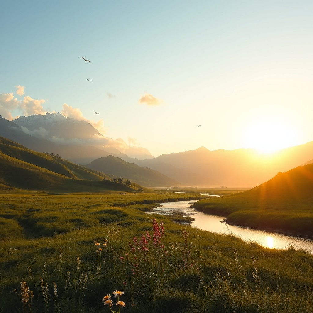 a serene landscape featuring a gentle river flowing through a lush green valley, with wildflowers blooming along the banks
