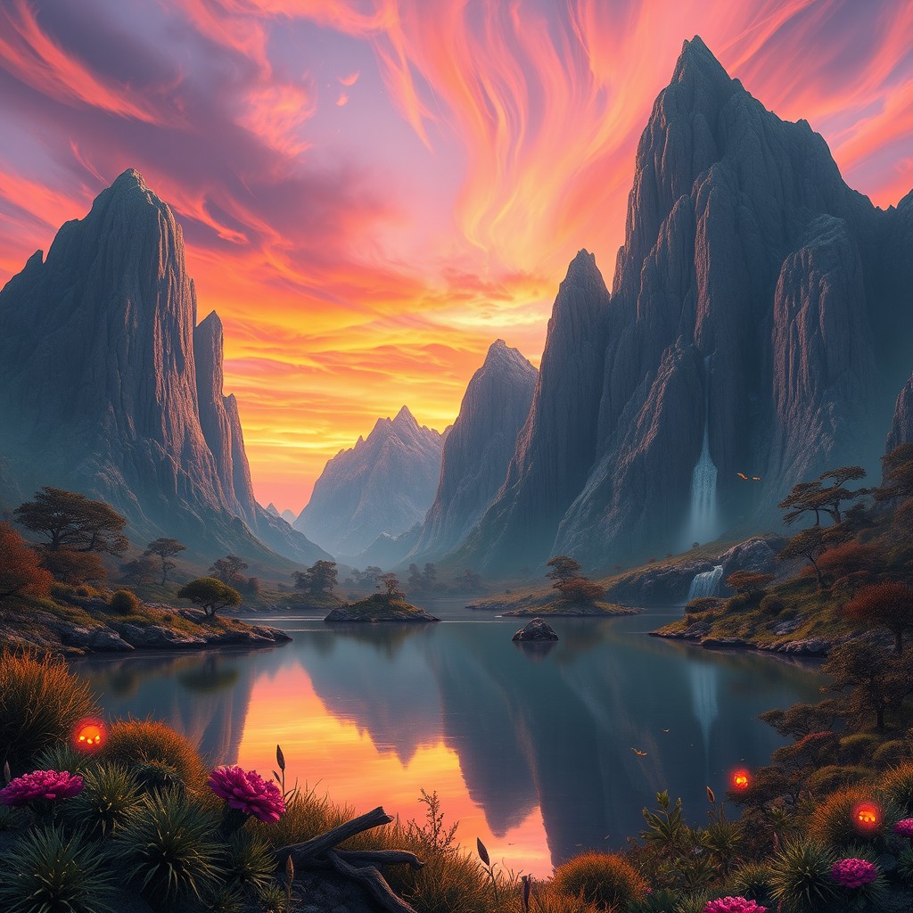 A surreal landscape where towering mountains made of crystal rise against a vibrant, swirling sky that combines sunset colors of orange, pink, and purple