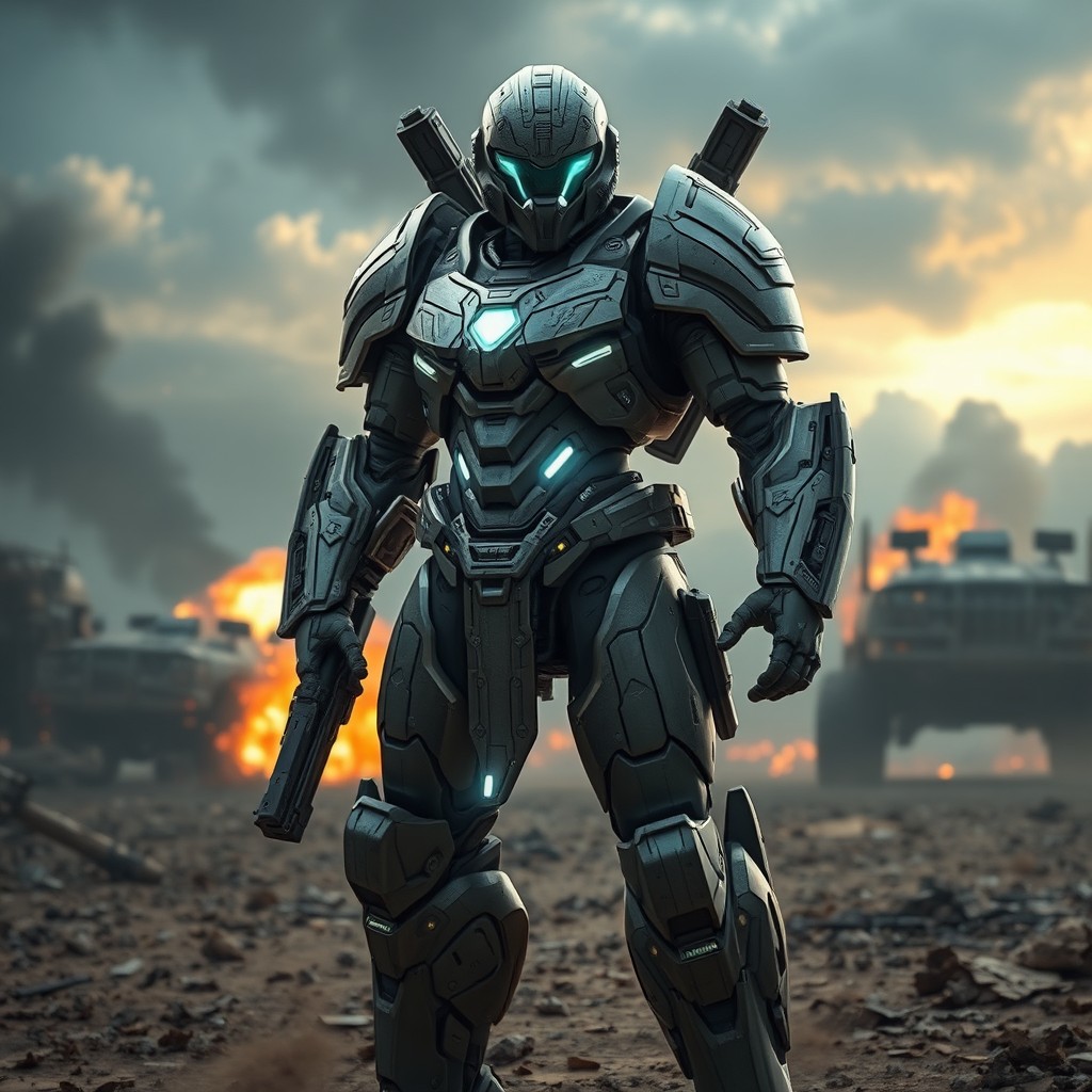 A futuristic armored soldier known as the Crossfire Terminator, standing in a dynamic pose, surrounded by a war-torn landscape