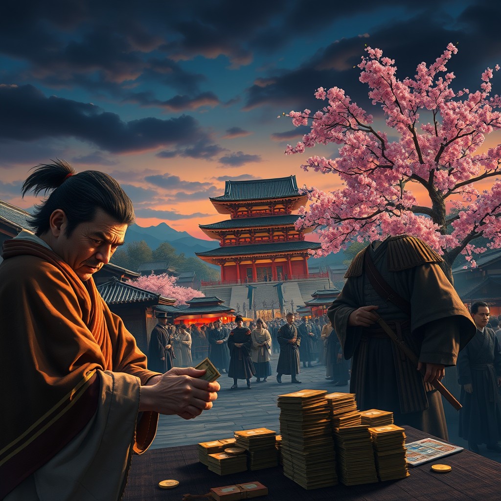 A dramatic scene set in 1790s Japan, depicting the contrasting emotions of fear, greed, and hope