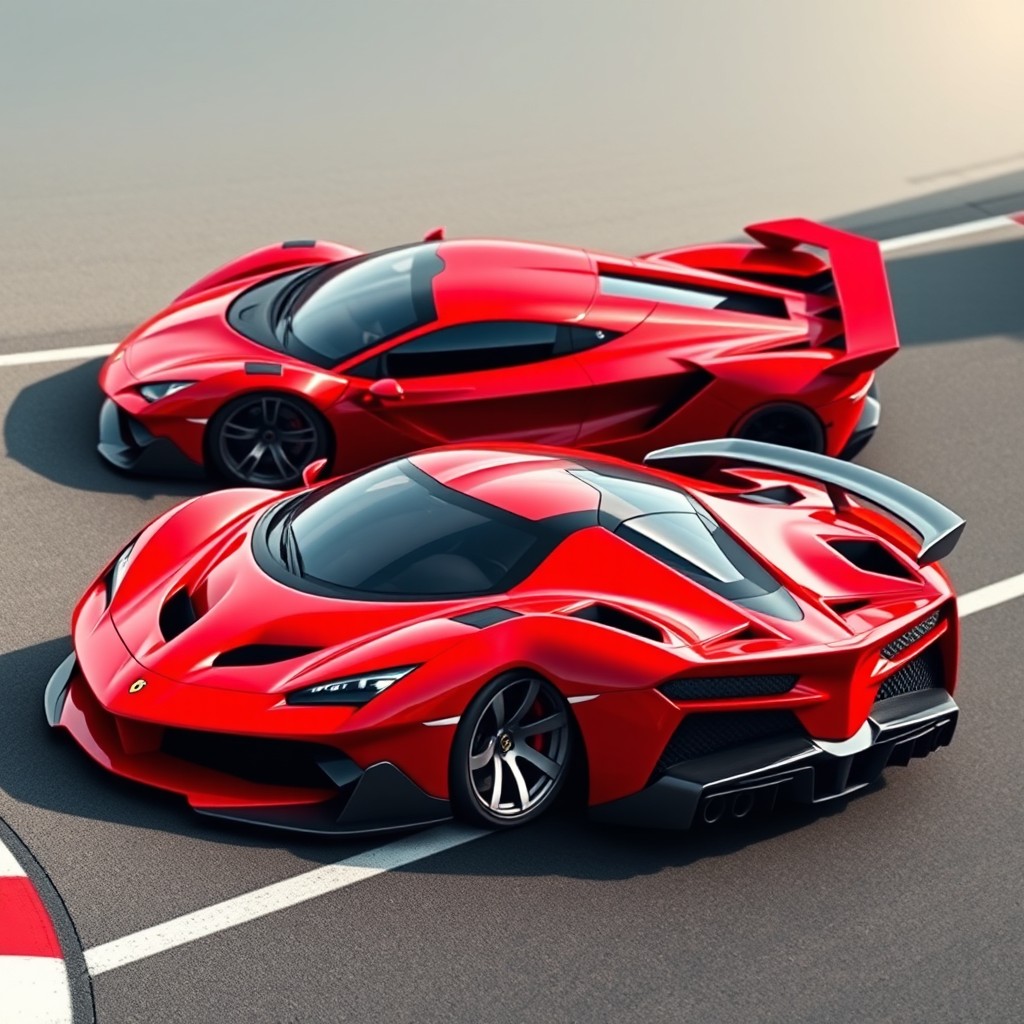 A stunning super sports car design inspired by the most striking models of Ferrari and Lamborghini, featuring cutting-edge aerodynamic solutions derived from advanced fighter jets