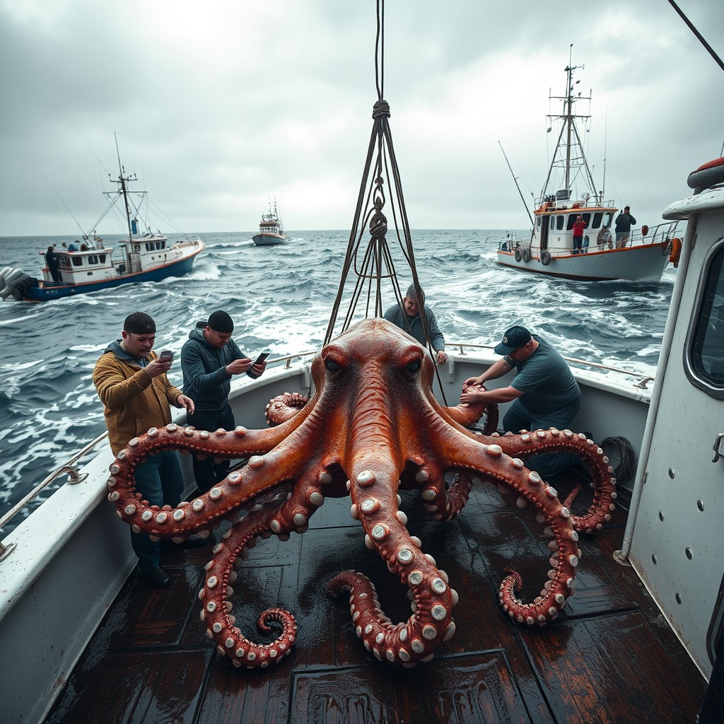 A giant octopus is being caught by fishermen and placed on the deck of a fishing boat, surrounded by amazed fishermen who are washing and touching the creature