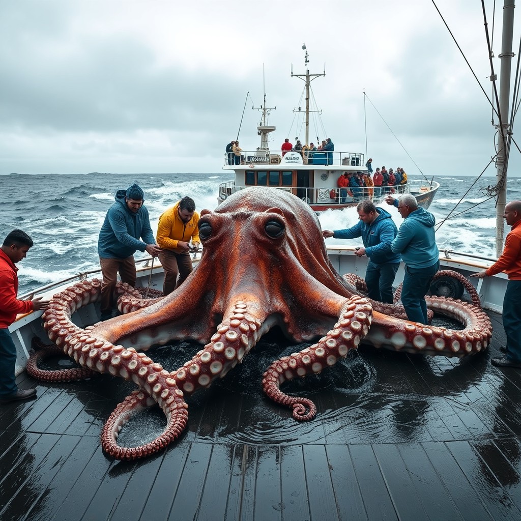 A giant marine creature, a colossal octopus, is caught by fishermen and placed on the deck of a fishing boat