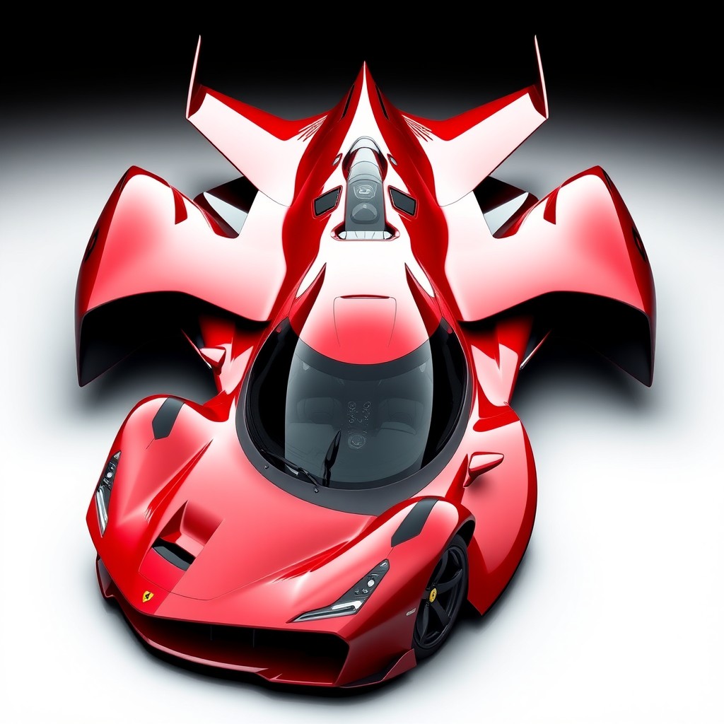 A hypercar inspired by a state-of-the-art fighter jet, featuring a stunning Ferrari red color