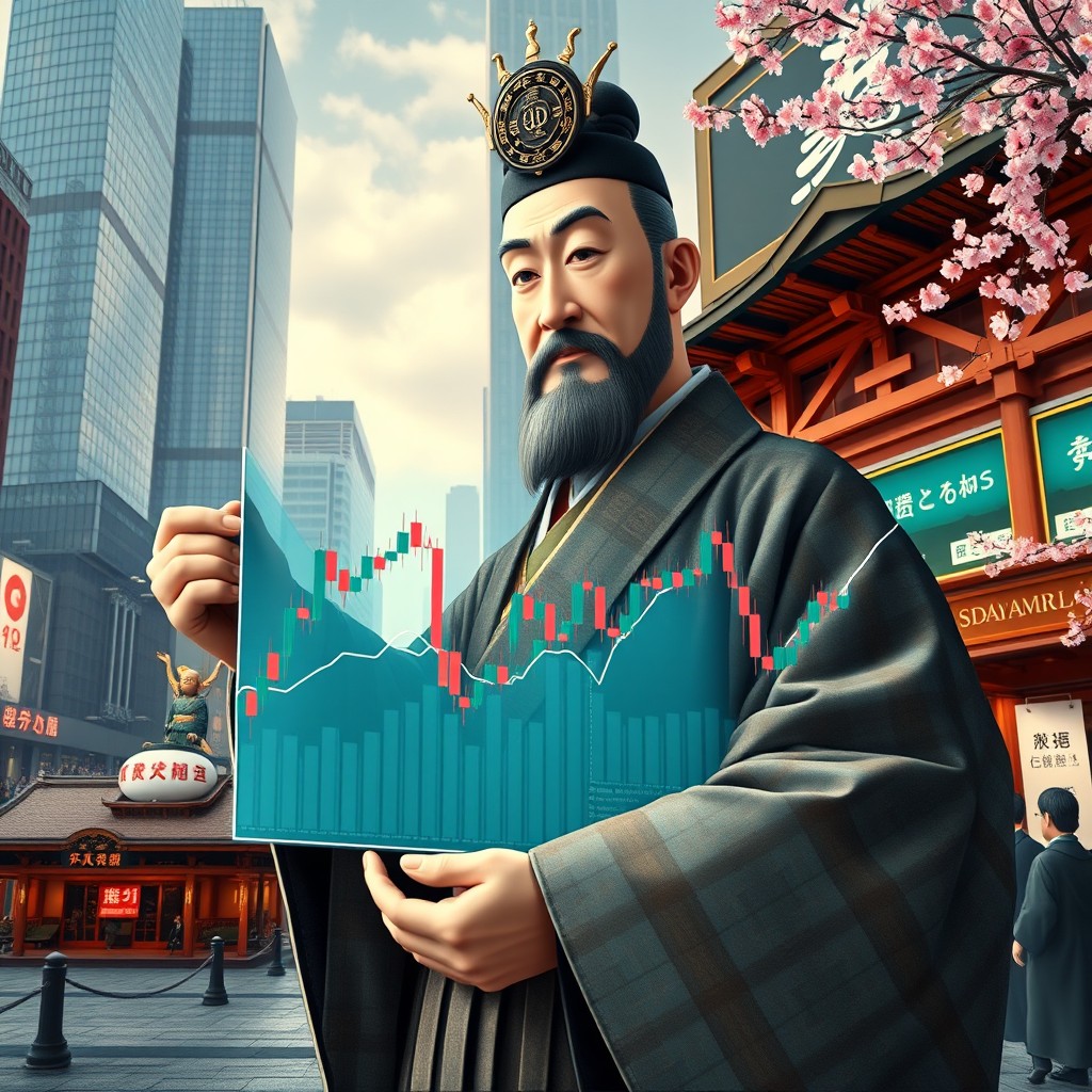 An imaginative and symbolic representation of the Dow Jones Industrial Average and Munehisa Honma, the historical figure known as the 'father of technical analysis' in stock trading