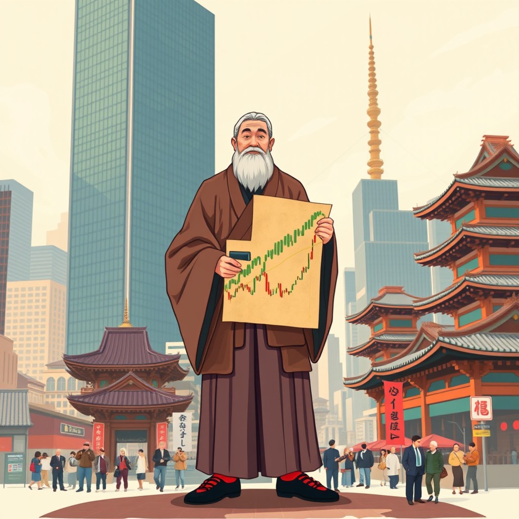 A creative and symbolic illustration of Munehisa Honma, the father of technical analysis in trading, alongside the Dow Jones Industrial Average