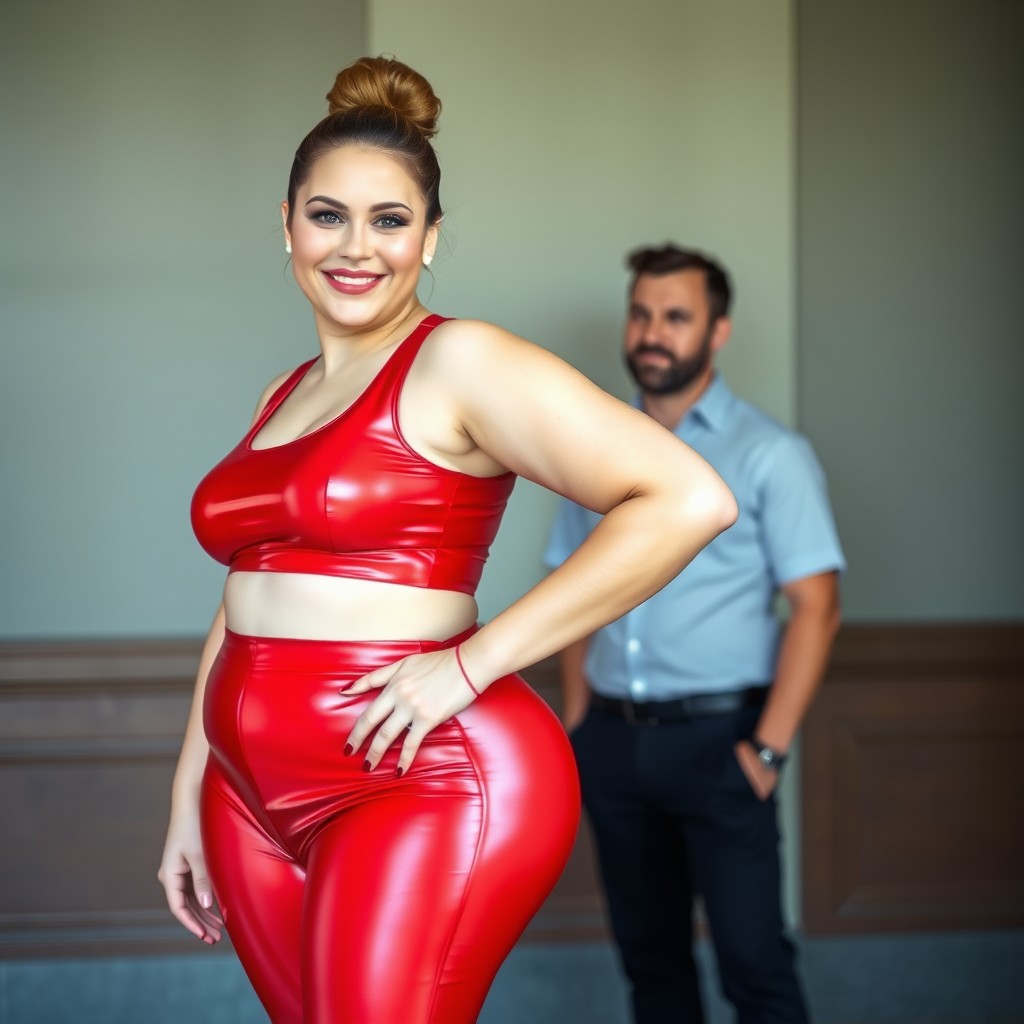 A tall, plus-size woman with fair skin stands confidently in the foreground, on the right side of the image