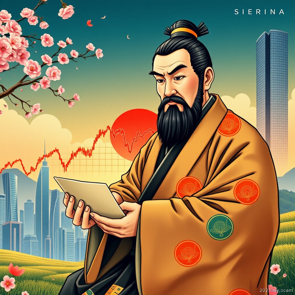 An artistic portrayal of Munehisa Honma, the legendary figure in Japanese finance, alongside the Dow Jones Industrial Average