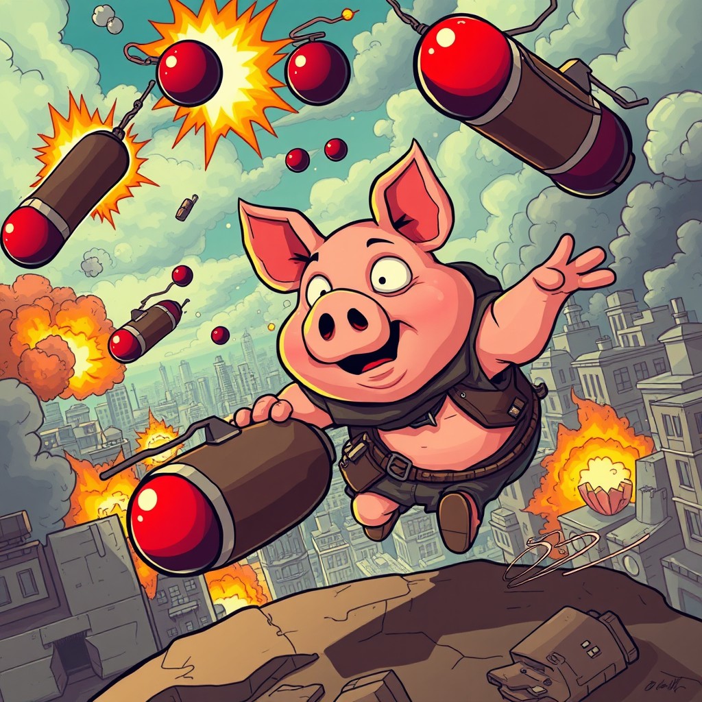 A surreal and intense art piece featuring a cartoonish pig character named John Pork, depicted in a dramatic action scene where he's comically avoiding diving bombs in an exaggerated manner