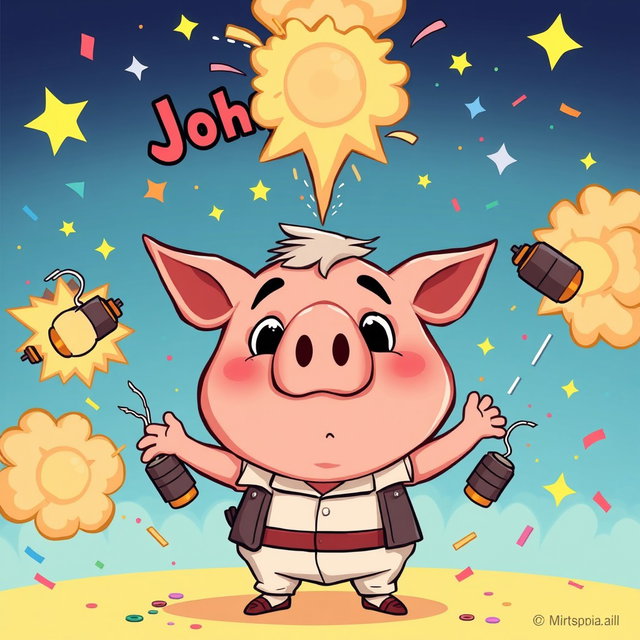 A cartoon-style illustration featuring a humorous and exaggerated depiction of a character resembling a pig that has a charming face and is wearing a quirky outfit