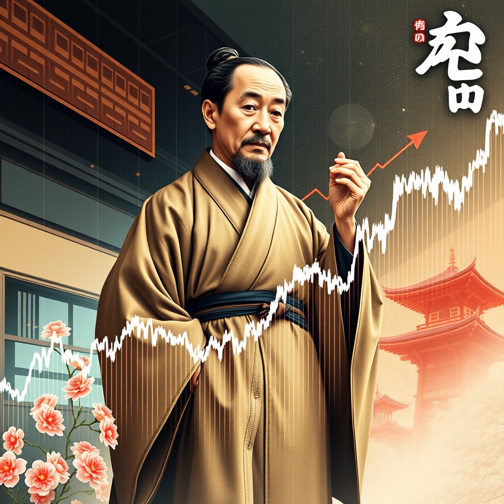 Una representación creativa y simbólica de Munehisa Honma, la figura histórica conocida como el 'padre del análisis técnico' en el comercio de acciones, junto con el índice Dow Jones Industrial Average