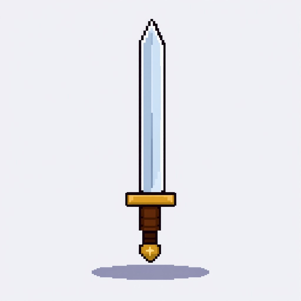 A small, simple sword depicted in pixel art style, featuring a straight blade, a basic hilt, and a stylized pommel