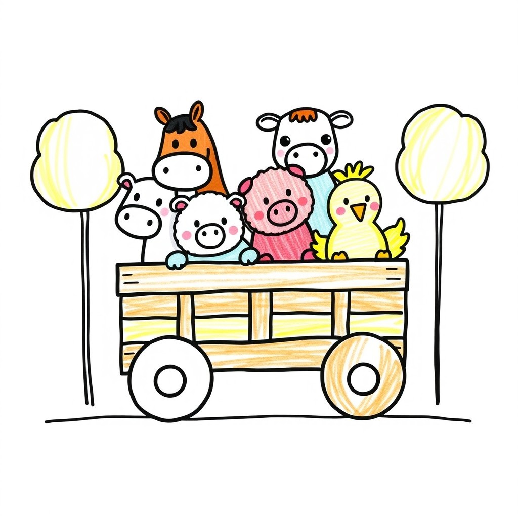 A colorful drawing of farm animals inside a cart in a children's style