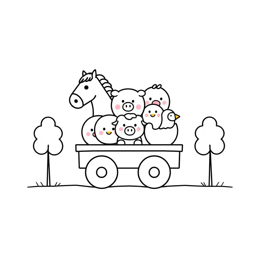 A colored picture featuring simple, round-shaped farm animals inside a rectangular cart
